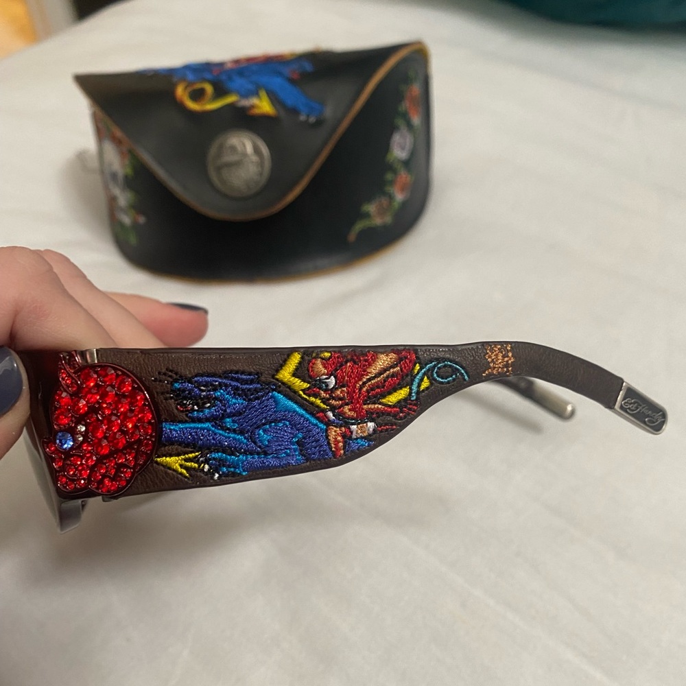 Rare Ed hardy glasses with leather and rhinestone and metal devil baby